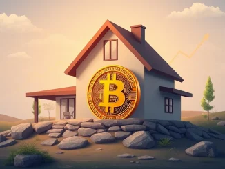 A Bitcoin symbol integrated into a house foundation, representing the FHFA's directive for Bitcoin mortgage evaluation.