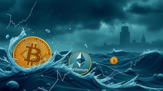 Urgent Bitcoin News: EU Sanctions Threaten Massive Altcoin Slump Chart showing Bitcoin and altcoin prices under pressure, symbolizing the impact of EU sanctions on the crypto market. Urgent Bitcoin News.