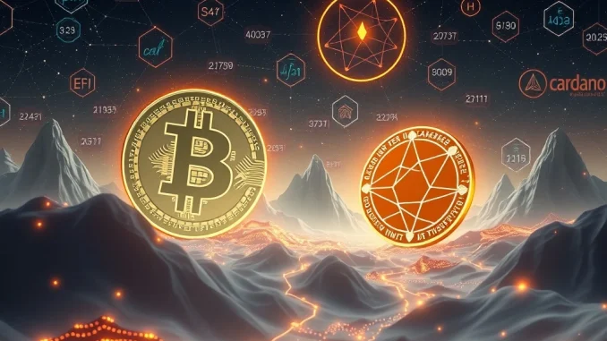 Bitcoin and Cardano ADA competing in cryptocurrency market with DeFi expansion