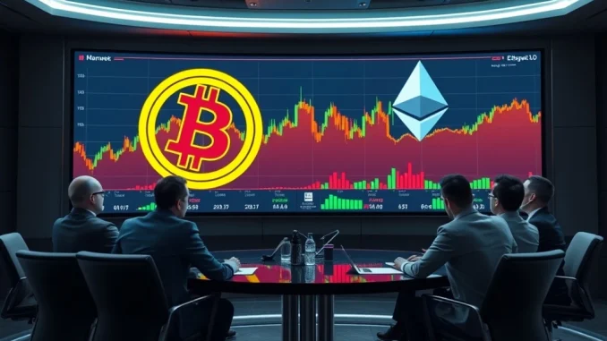 Corporate executives analyzing Bitcoin and Ethereum charts for institutional adoption strategies.