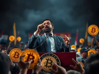 President Bukele addressing crowd with Bitcoin symbols in background