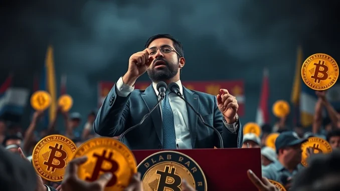 President Bukele addressing crowd with Bitcoin symbols in background