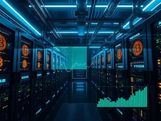 Bitcoin mining facility with MARA Holdings stock surge chart