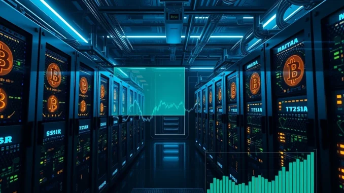 Bitcoin mining facility with MARA Holdings stock surge chart