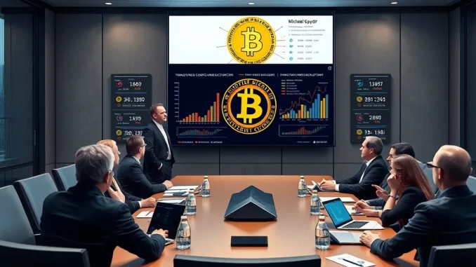Michael Saylor presenting Bitcoin strategy during a corporate earnings call