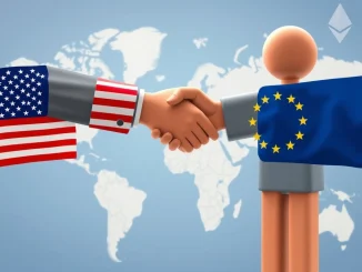 A symbolic handshake representing the US-EU Trade Pact, with financial charts and Bitcoin News elements in the background, highlighting economic shifts.