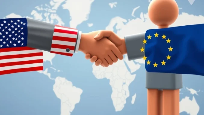 A symbolic handshake representing the US-EU Trade Pact, with financial charts and Bitcoin News elements in the background, highlighting economic shifts.