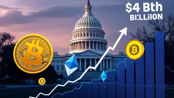 Bitcoin News: US Legislation Unleashes Historic $4B Stablecoin Surge & Market Rally US Capitol with crypto charts and stablecoin symbols, representing the impact of new US crypto bills on the digital asset market and the latest Bitcoin News.