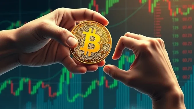 An illustration depicting a strong hand receiving a Bitcoin from a weaker hand, symbolizing the crucial shift in Bitcoin ownership to long-term holders.