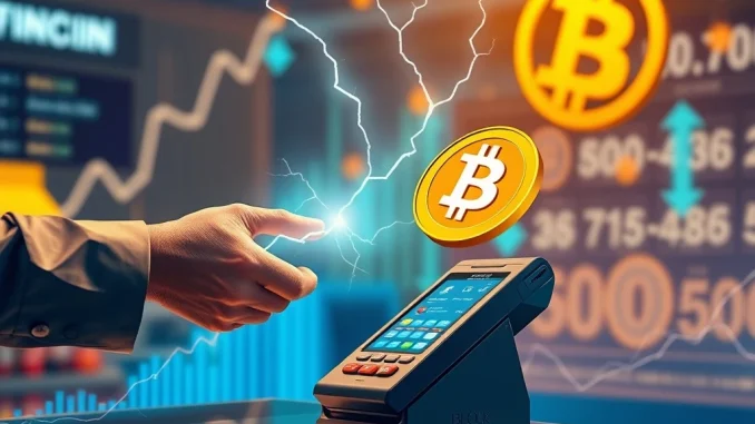 Block Inc. logo integrated with Bitcoin symbol and Lightning Network icon, representing secure and fast Bitcoin payments. Stock charts show a significant surge.