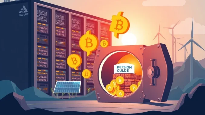 An illustration of pension funds flowing into Bitcoin and cloud mining, enabled by BTCMiner's platform for institutional crypto investments.