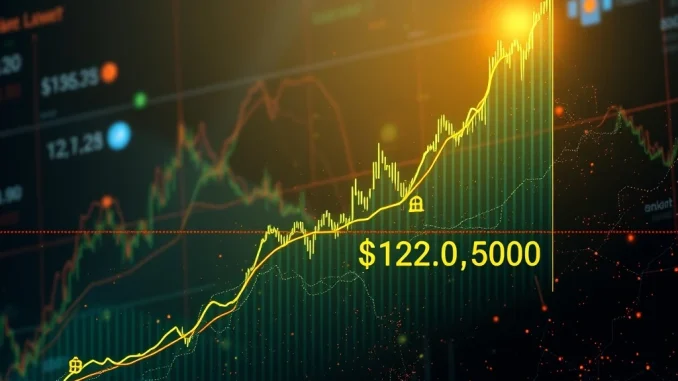 A Bitcoin price chart approaching a $122,000 resistance level, illustrating the critical Power Law challenge.