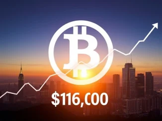 A vibrant digital chart showing a sharp upward trend, representing the significant Bitcoin price surge above $117,000, indicating market growth.