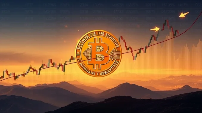 Bitcoin price chart showing consolidation, with a key support level highlighted, reflecting current market uncertainty and a pivotal phase.