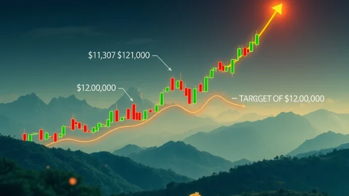 A Bitcoin price chart showing a crucial $112,000 support level and a potential move towards a $130,000 Bitcoin target, reflecting market dynamics.