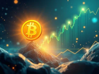 A chart showing a Bitcoin price analysis with an arrow pointing upwards, indicating a potential breakout towards a higher target.
