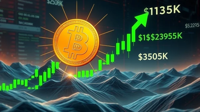 Bitcoin price chart showing an upward trend and breakout, symbolizing potential gains towards $150K based on technical analysis.