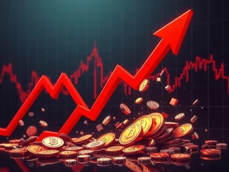 A chart showing a sharp Bitcoin price correction with red candles, representing significant liquidations and a Bitcoin selling surge.