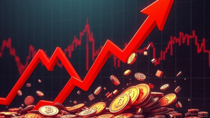 A chart showing a sharp Bitcoin price correction with red candles, representing significant liquidations and a Bitcoin selling surge.