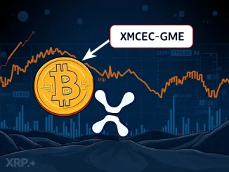 A downward trendline on a Bitcoin price chart, indicating a potential CME gap fill and its impact on XRP, illustrating crypto market volatility.