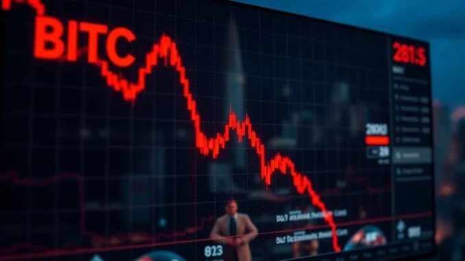 A digital chart showing a sharp decline in Bitcoin price, illustrating the recent BTC market downturn.