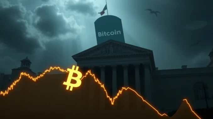 A digital graph showing a sharp decline in Bitcoin price, illustrating market uncertainty driven by looming Federal Reserve and crypto policy announcements.