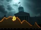 A digital graph showing a sharp decline in Bitcoin price, illustrating market uncertainty driven by looming Federal Reserve and crypto policy announcements.