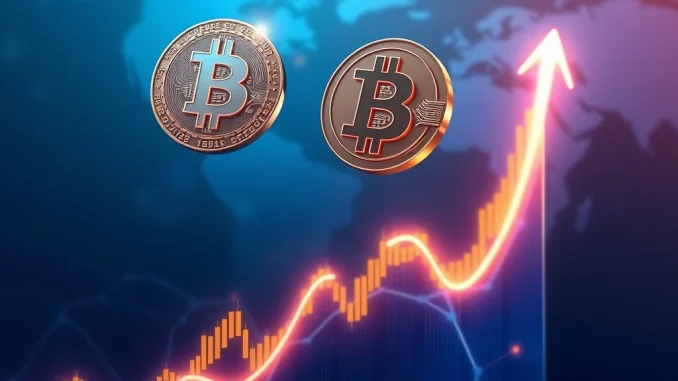 A visual representation of the Bitcoin price surge, with a digital coin rising over financial charts, symbolizing market growth and the new Bitcoin price.