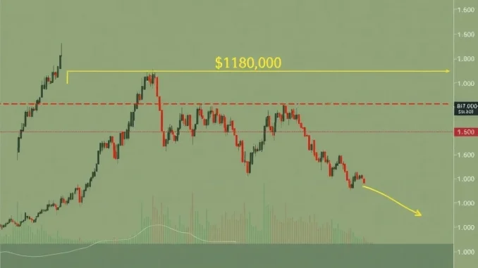 Bitcoin price chart showing a falling wedge pattern nearing a critical breakout point, highlighting $118K technical resistance.