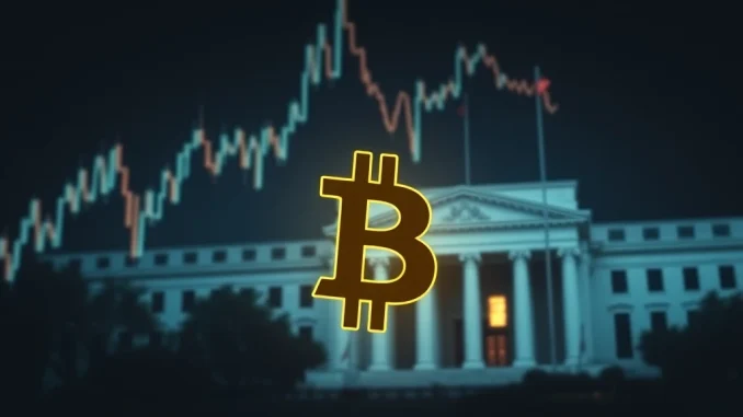 A digital Bitcoin symbol falling amidst market charts, illustrating the urgent Bitcoin price drop due to Fed rate cut delays.