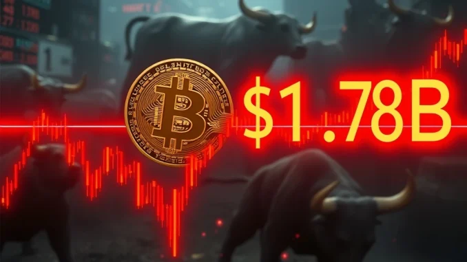 A chart illustrating Bitcoin price nearing a critical $114,000 support, highlighting the potential for massive Bitcoin long liquidation.