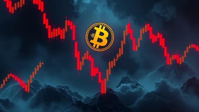 Bitcoin Plummets: BTC Price Dips Below $117,000 Amidst Mounting Market Pressure A red arrow pointing downwards over a Bitcoin price chart, illustrating a significant BTC drop and market downturn.
