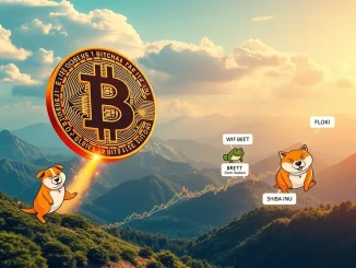 A visual representation of the Bitcoin price surging, with various meme coin symbols like FLOKI and WIF exploding upwards, illustrating the current crypto market trends.