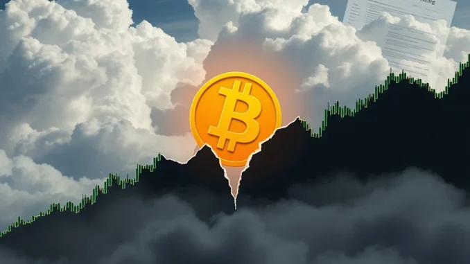 Chart showing a sharp decline in Bitcoin price, with an overlay of a digital dollar sign, illustrating market correction and profit-taking.