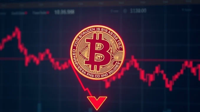A Bitcoin coin with a red arrow pointing down, symbolizing the recent **Bitcoin price drop** and market volatility.