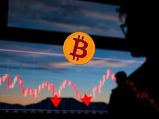 A Bitcoin price chart showing a significant drop, with red arrows indicating downward movement, symbolizing current Bitcoin price volatility.