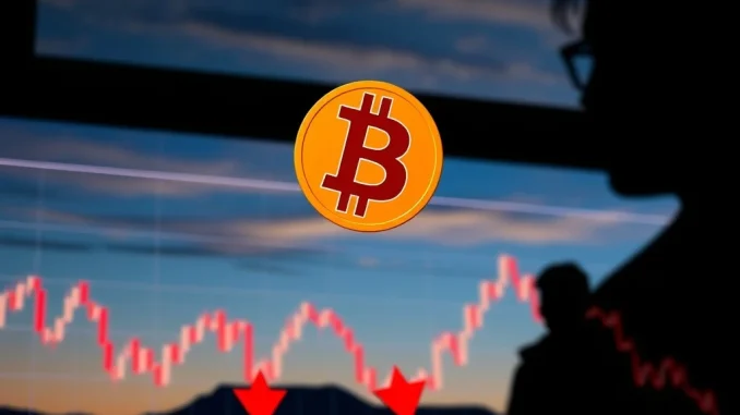 A Bitcoin price chart showing a significant drop, with red arrows indicating downward movement, symbolizing current Bitcoin price volatility.