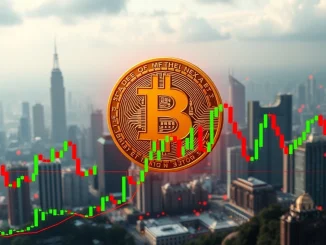 A Bitcoin price prediction chart showing a potential drop to $112,905 before a strong rebound to $124,514, illustrating market volatility and technical analysis.