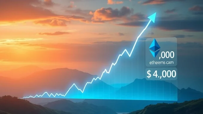 Bitcoin Price Prediction: Surprising Optimism for BTC to Retest $100K, ETH $4K by September A digital chart showing Bitcoin price prediction reaching $100K and Ethereum forecast reaching $4K, illustrating market optimism.