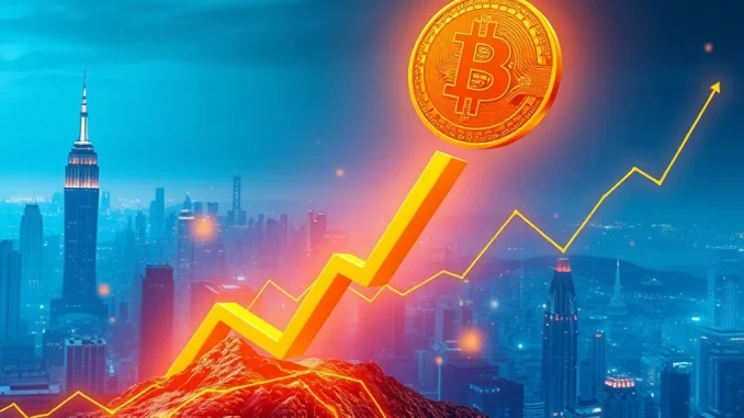 Chart showing a monumental Bitcoin price surge, with a digital BTC icon rising above the $112,000 mark, indicating strong market performance.