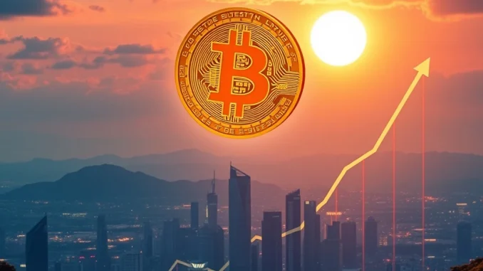 A visual representation of the Bitcoin price surge, showing a Bitcoin icon rising above market charts, symbolizing the significant BTC rally.