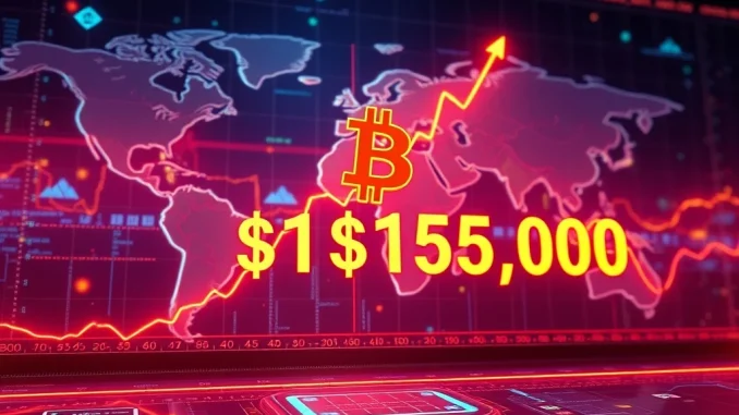 A chart illustrating the significant Bitcoin price surge, with the BTC logo overlaid, symbolizing a major market milestone.