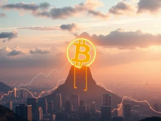 A triumphant Bitcoin symbol soaring above financial charts, representing the massive surge in Bitcoin price driven by institutional adoption.