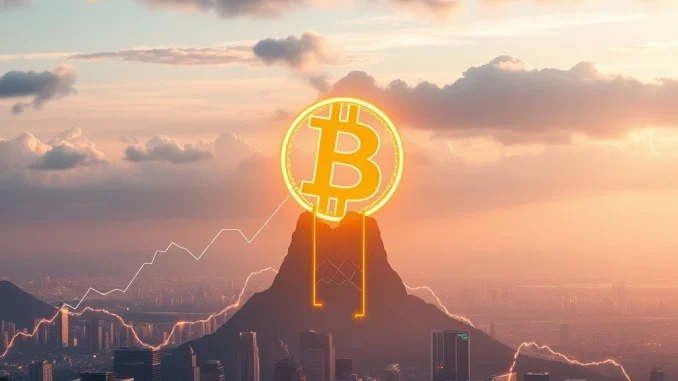 A triumphant Bitcoin symbol soaring above financial charts, representing the massive surge in Bitcoin price driven by institutional adoption.