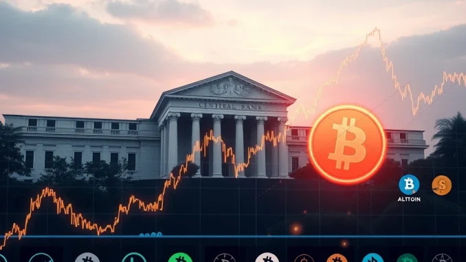 A vibrant digital chart displaying Bitcoin price trends with upward arrows, representing market analysis and future growth.