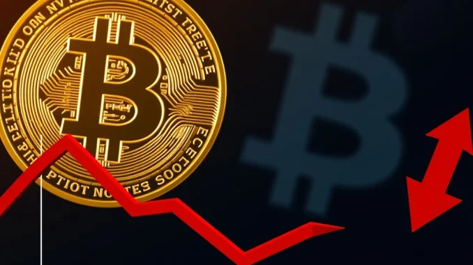 Bitcoin Plunges: BTC Price Dips Below $113,000 Amidst Market Volatility A red candlestick chart illustrating a significant Bitcoin price dip, reflecting current market volatility.