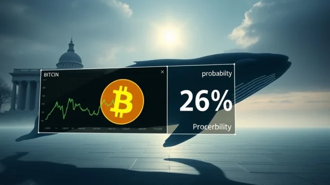 A digital screen displaying a 62% probability for Bitcoin price prediction to stay under $100K, reflecting market sentiment.