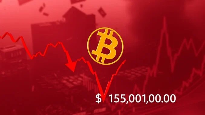 A digital Bitcoin symbol struggling against downward arrows on a trading chart, illustrating intense Bitcoin price bearish pressure.