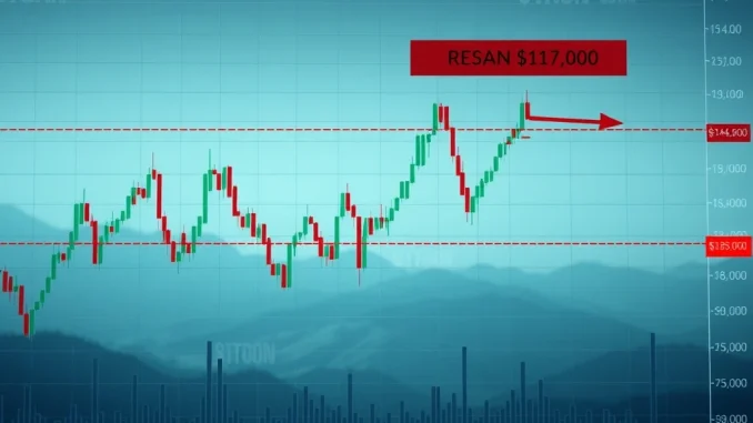 A Bitcoin price chart illustrating the urgent $117K resistance and crucial support levels for BTC market analysis.