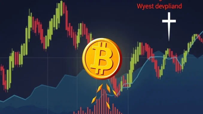 A downward trending chart with a Bitcoin symbol, illustrating a potential drop in Bitcoin price due to Wyckoff distribution analysis.